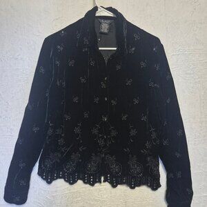 ECI Black Velvet Embroidered Blouse Grunge Goth Witchy Vampire Y2K 90s Sz L